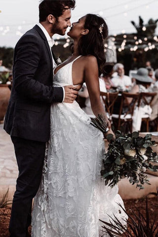 A-line V-neck Lace Straps Long Wedding Dresses, Bridal Dress