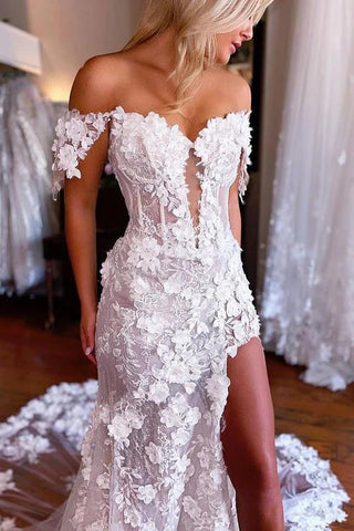 Wunderschöne Spitze Meerjungfrau 3D Blumen Boho Brautkleider mit Schlitz