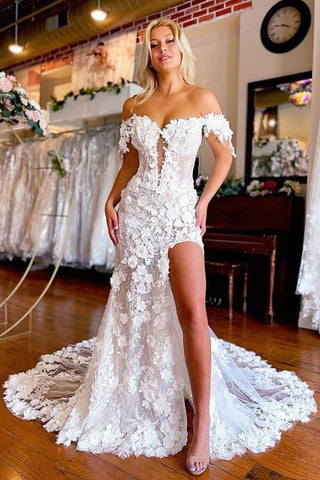 Wunderschöne Spitze Meerjungfrau 3D Blumen Boho Brautkleider mit Schlitz