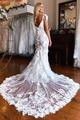 Wunderschöne Spitze Meerjungfrau 3D Blumen Boho Brautkleider mit Schlitz