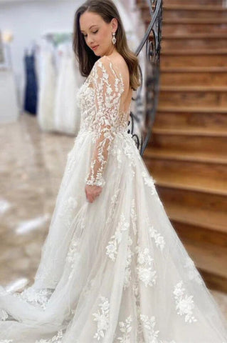 Beautiful Tulle A-line Long Sleeves Wedding Dresses With Lace Appliques