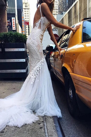 Beautiful Tulle Lace Ivory Mermaid Deep V-neck Long Wedding Dresses