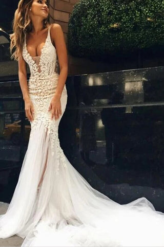 Beautiful Tulle Lace Ivory Mermaid Deep V-neck Long Wedding Dresses