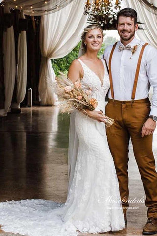 Wunderschöne Tüll Meerjungfrau V-Ausschnitt Spitze Brautkleider, Brautkleid