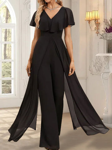 Jumpsuit/Hosenanzug V-Ausschnitt Bodenlanges Chiffon Abendkleid