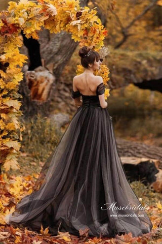 Black A-line Off Shoulder Simple Wedding Dresses With Sweep Train