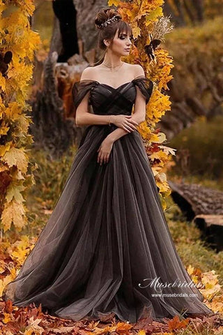 Black A-line Off Shoulder Simple Wedding Dresses With Sweep Train