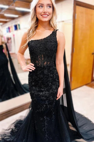 Mermaid Lace One Shoulder Long Prom Dresses, Evening Dress