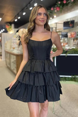 Satin A-line Spaghetti Straps Tiered Homecoming Dresses With Bow