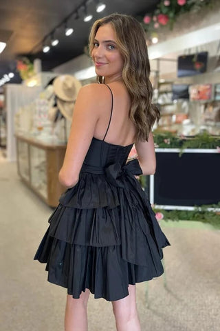 Satin A-line Spaghetti Straps Tiered Homecoming Dresses With Bow