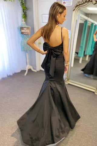Satin Mermaid Pleated Spaghetti Straps Prom Dresses With Bow