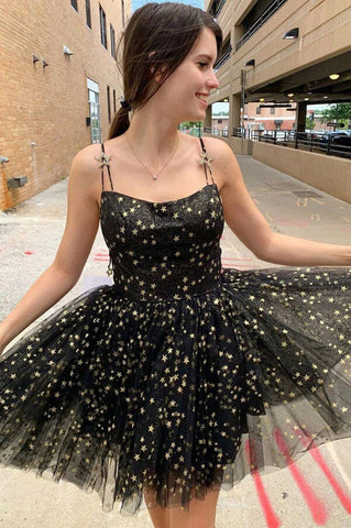Black Tulle A-line Spaghetti Straps Short Homecoming Dresses With Stars