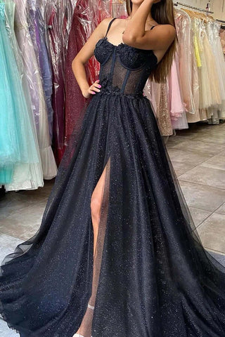 Tulle A-line Sweetheart Spaghetti Straps Prom Dresses With Side Slit