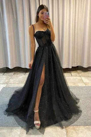 Tulle A-line Sweetheart Spaghetti Straps Prom Dresses With Side Slit