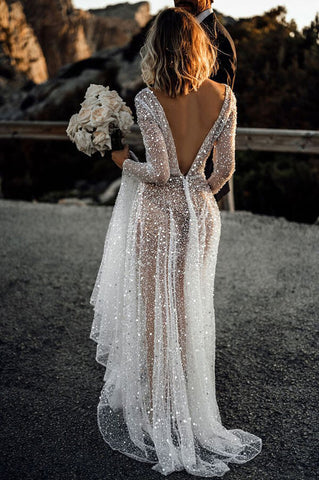 Bling Lace A-line Deep V-neck See Through Long Sleeves Wedding Dresses