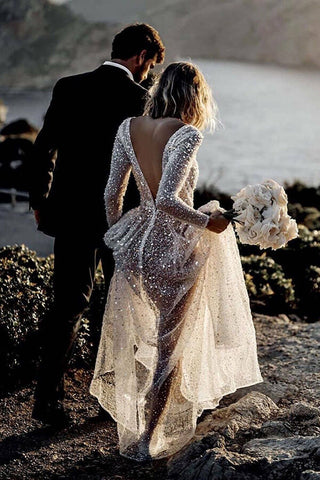 Bling Lace A-line Deep V-neck See Through Long Sleeves Wedding Dresses