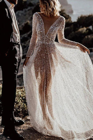 Bling Lace A-line Deep V-neck See Through Long Sleeves Wedding Dresses