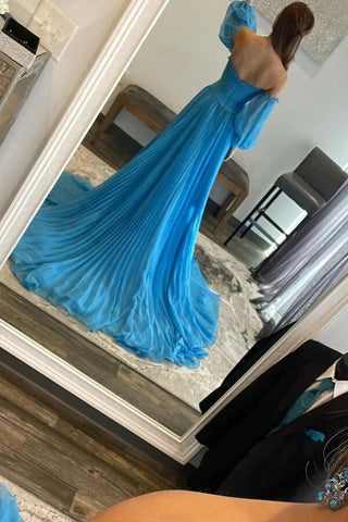 Chiffon A-line Sweetheart Neck Beaded Prom Dresses With Slit