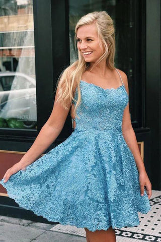 Lace A-line Cross Back Spaghetti Straps Short Homecoming Dresses