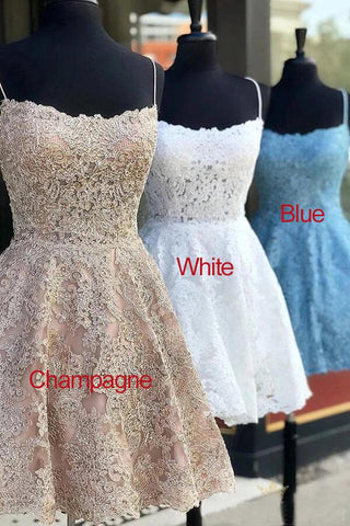 Lace A-line Cross Back Spaghetti Straps Short Homecoming Dresses