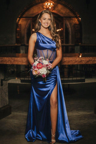 Sheath One Shoulder Pleated Satin Long Prom Dress