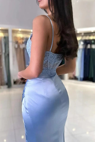 Mermaid Satin V-neck Lace Appliques Long Prom Dresses With Slit