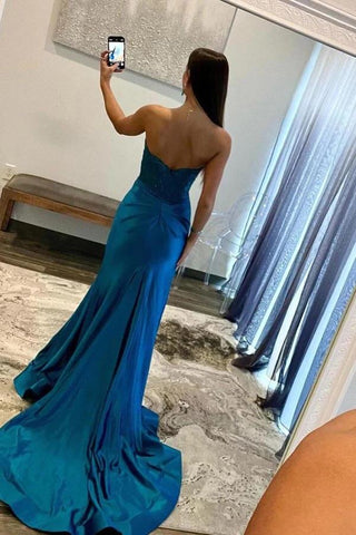 Satin Mermaid Strapless Long Prom Dresses With Lace Appliques
