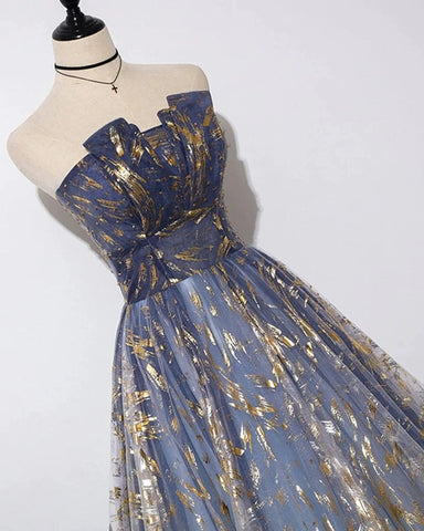 Tulle A-line Floral Print Strapless Prom Dresses, Long Formal Dresses
