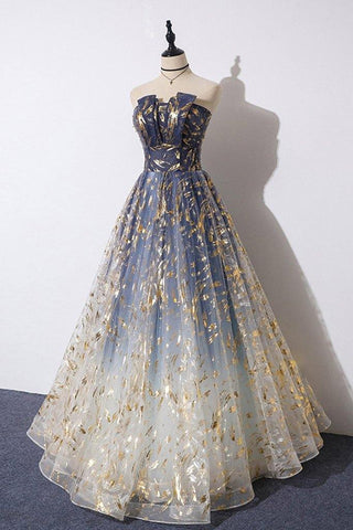 Tulle A-line Floral Print Strapless Prom Dresses, Long Formal Dresses