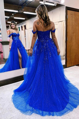 Blue Tulle A-line Off-the-Shoulder Lace Appliques Prom Dress With Slit