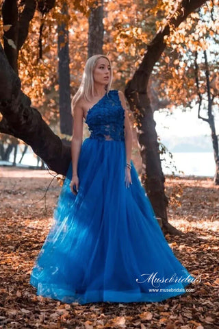 Tulle A-line One Shoulder Lace Appliques Long Prom Dresses