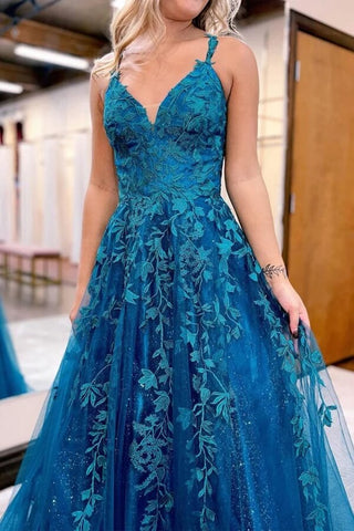 Tulle A-line Prom Dresses With Lace Appliques, Evening Dresses,