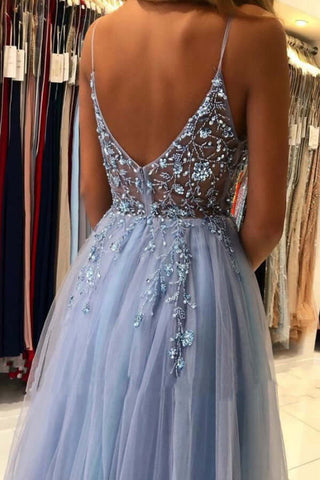 Blue Tulle A-line V-neck Beaded Long Prom Dresses, Long Formal Dress