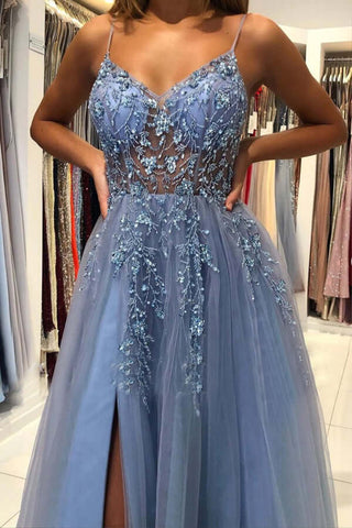 Blue Tulle A-line V-neck Beaded Long Prom Dresses, Long Formal Dress