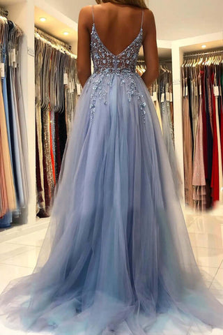 Blue Tulle A-line V-neck Beaded Long Prom Dresses, Long Formal Dress