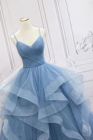 Blue Tulle A-line V-neck Sequins Sparkly Prom Dresses, Long Formal Dresses