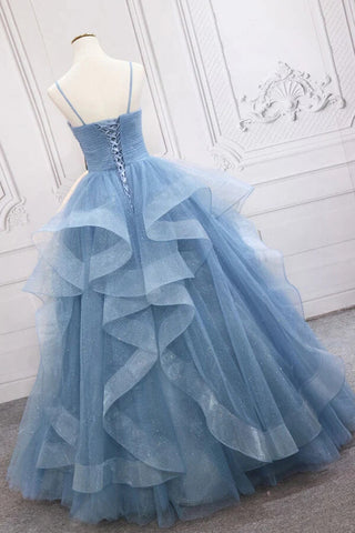 Blue Tulle A-line V-neck Sequins Sparkly Prom Dresses, Long Formal Dresses