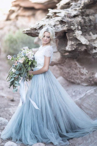 Tulle Lace Top A-line Short Sleeves Wedding Dresses, Bridal Gown