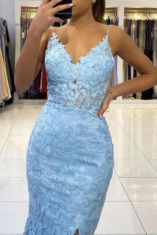 Tulle Mermaid V-neck Backless Long Prom Dress With Lace Appliques
