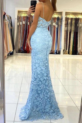 Tulle Mermaid V-neck Backless Long Prom Dress With Lace Appliques