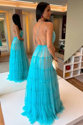 Blue Tulle Tiered A-line V-neck Floor Length Prom Dresses, Evening Gowns