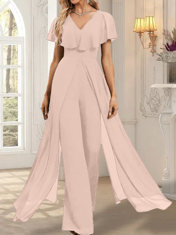 Jumpsuit/Hosenanzug V-Ausschnitt Bodenlanges Chiffon Abendkleid