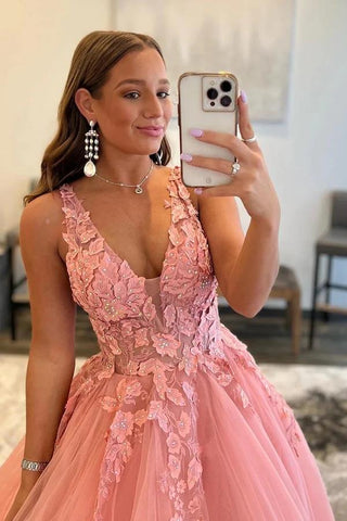 Blush A-line V-neck Princess Prom Dresses With Appliques, Evening Dress