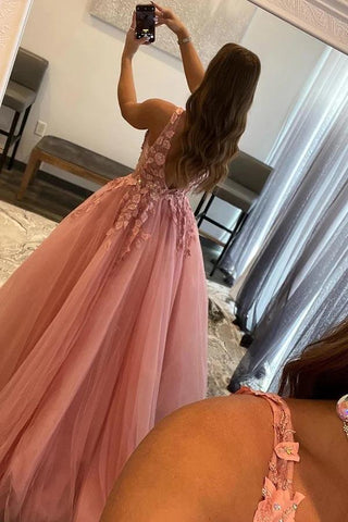 Blush A-line V-neck Princess Prom Dresses With Appliques, Evening Dress