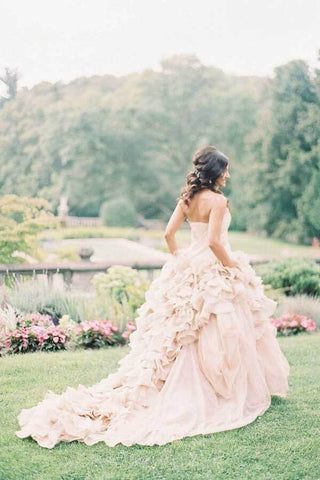 Blush Ball Gown Organza Ruffles Strapless Wedding Dresses, Bridal Gown