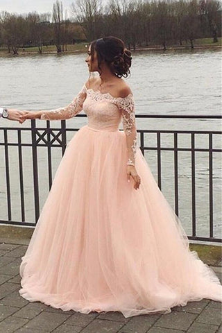 Blush Pink A-line Off Shoulder Long Sleeves Wedding Dress, Bridal Gown