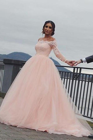 Blush Pink A-line Off Shoulder Long Sleeves Wedding Dress, Bridal Gown