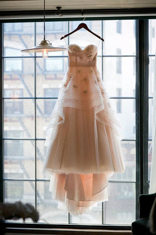 Blush Pink A-line Sweetheart Floral Backless Wedding Dress, Bridal Gowns
