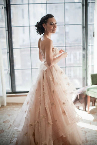 Blush Pink A-line Sweetheart Floral Backless Wedding Dress, Bridal Gowns