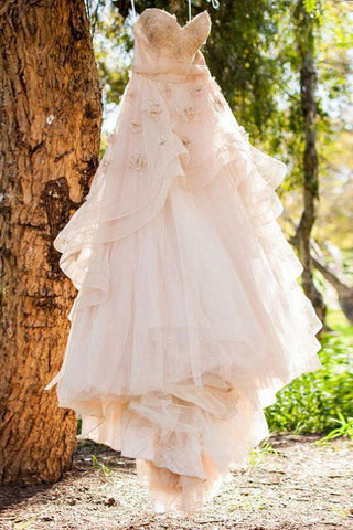 Blush Pink A-line Sweetheart Floral Backless Wedding Dress, Bridal Gowns